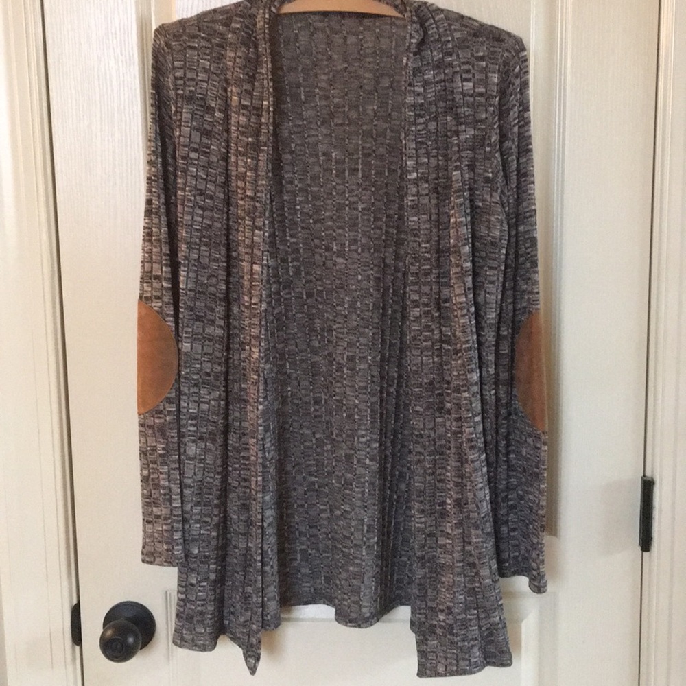 Open front sweater with suede elbow patches